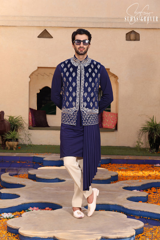 NAVY BLUE VELVET NEHRU JACKET SET