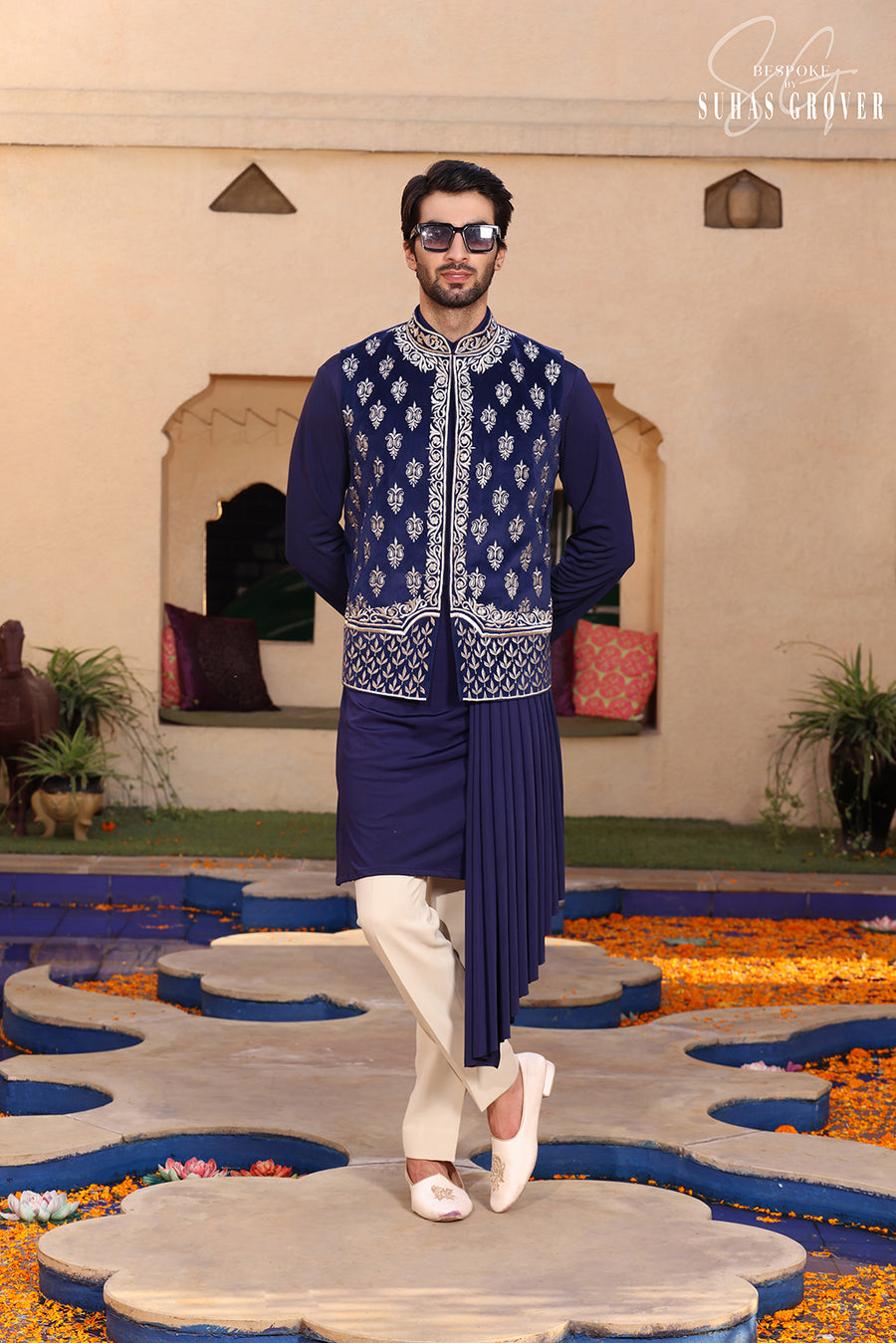 NAVY BLUE VELVET NEHRU JACKET SET