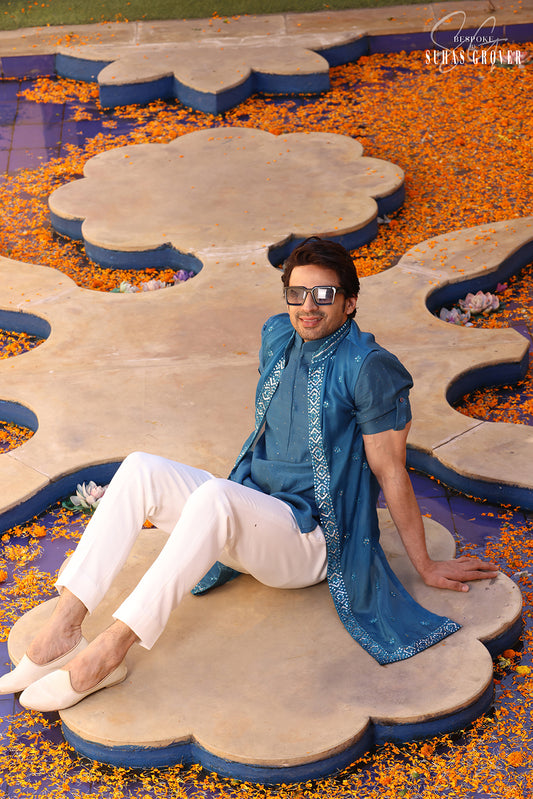 TEEL BLUE SHRUG NEHRU JACKET SET