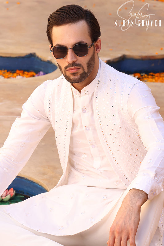 WHITE LUCKNWI LONG NEHRU JACKET