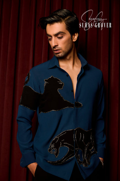 TEEL BLUE TIGER EMBROIDERED SHIRT