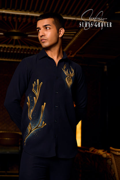 GOLDEN DEER HANDPAINTED BLUE SHIRT