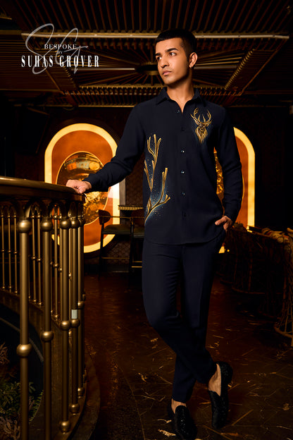 GOLDEN DEER HANDPAINTED BLUE SHIRT