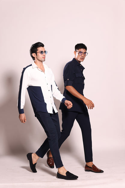 WHITE AND BLUE COLOUR BLOCK SHIRT