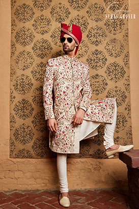 WHITE HEAVY EMBROIDERED SHERWANI SET