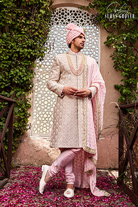 GREY PINK SHERWANI SET