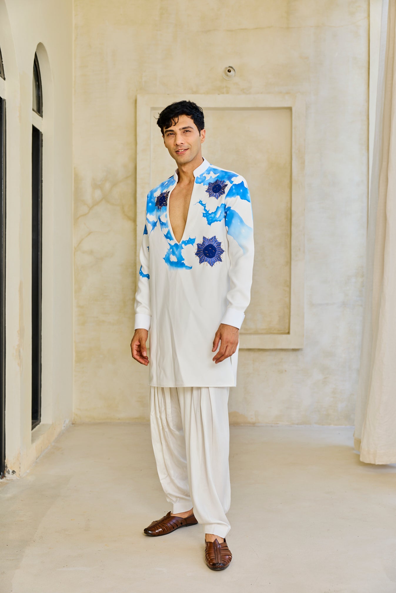 White blue coral kurta set