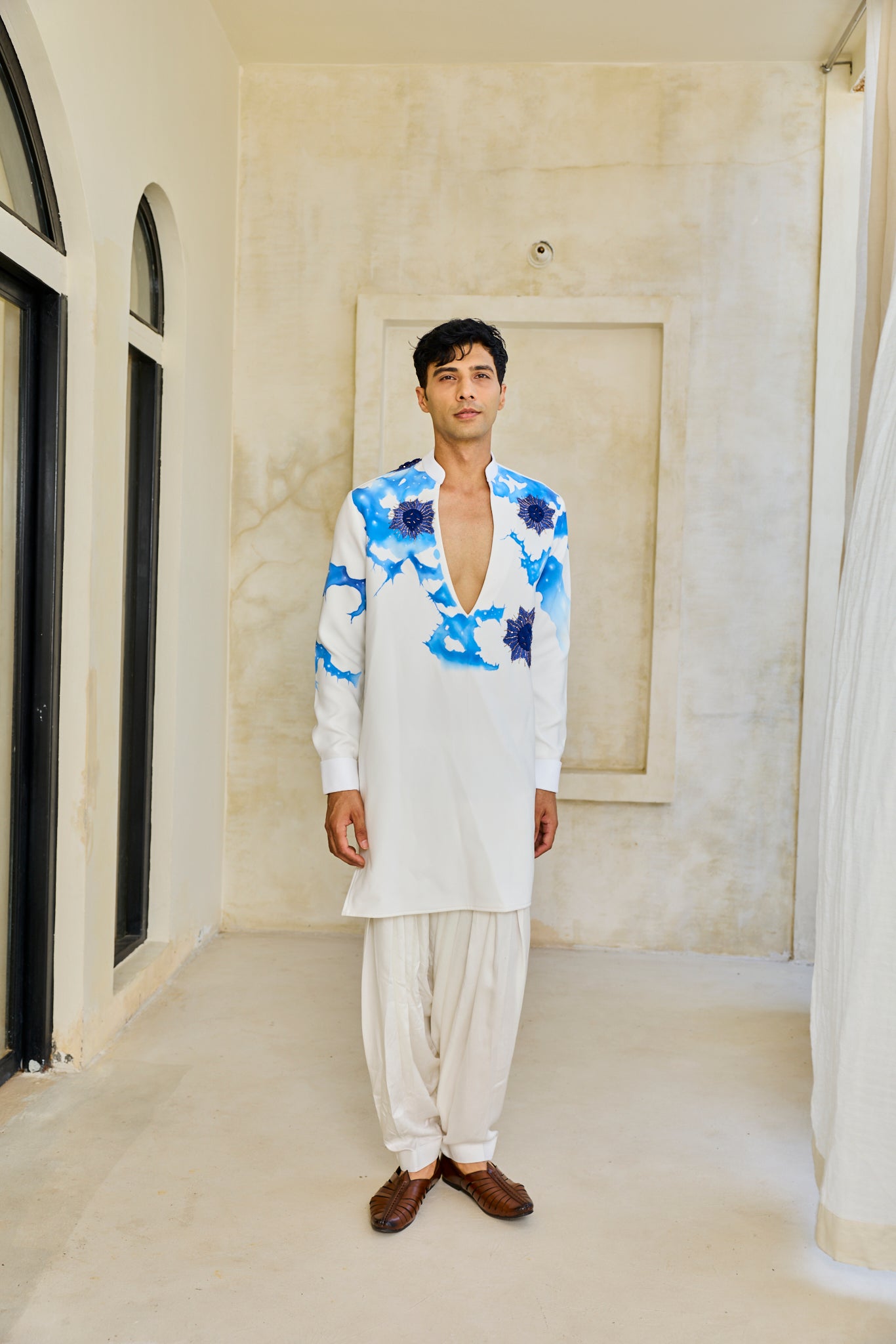 White blue coral kurta set