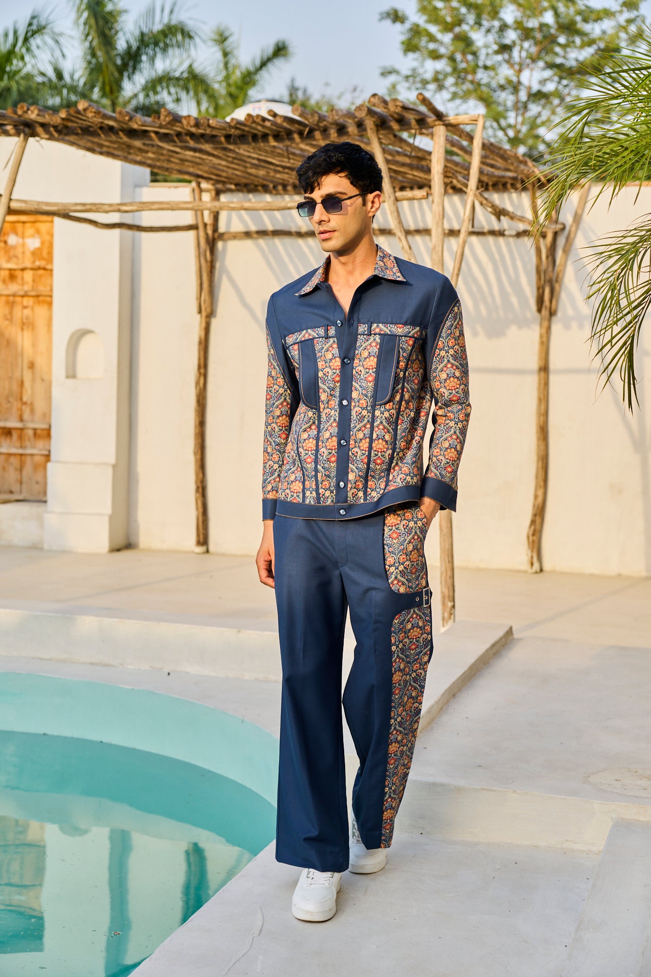 BLUE LINEN PRINTED PATCH CORD SET
