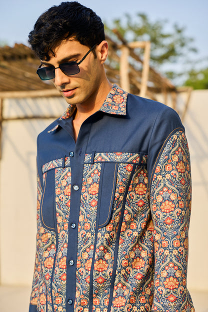 BLUE LINEN PRINTED PATCH CORD SET