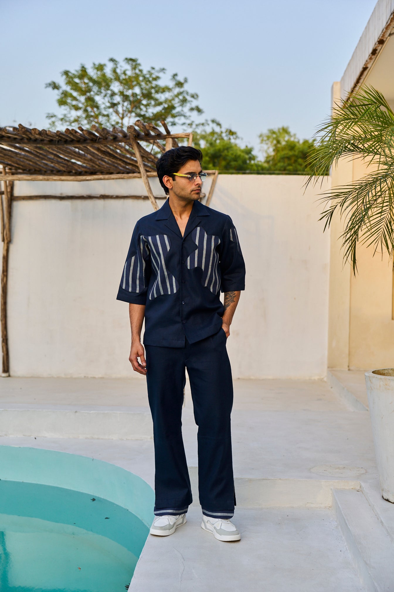 BLUE LINEN STRIPE PATCH CORD SET