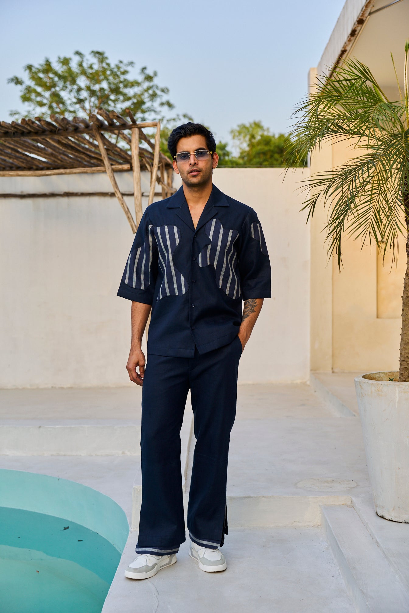 BLUE LINEN STRIPE PATCH CORD SET