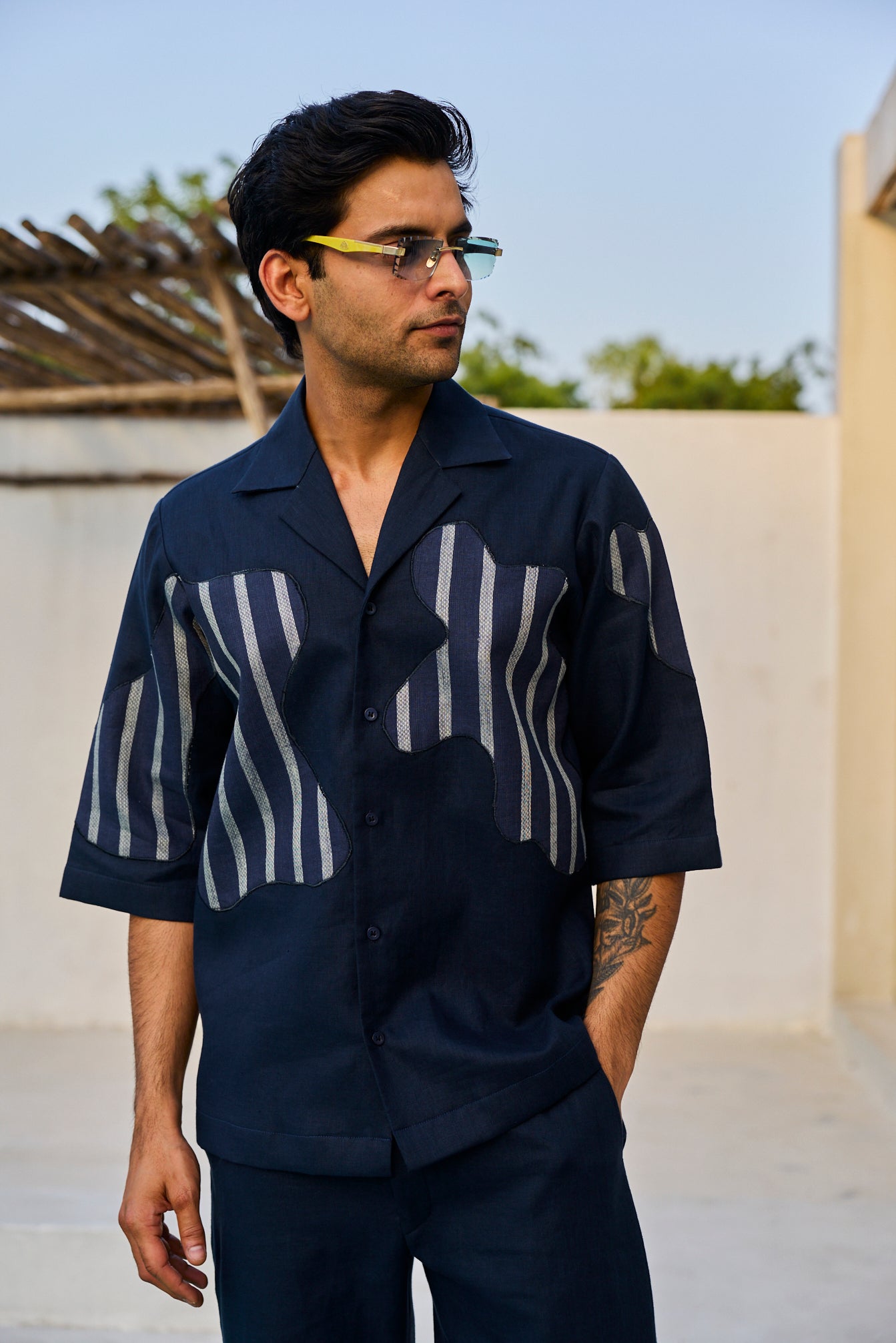 BLUE LINEN STRIPE PATCH CORD SET