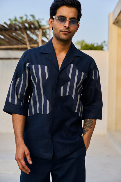 BLUE LINEN STRIPE PATCH CORD SET