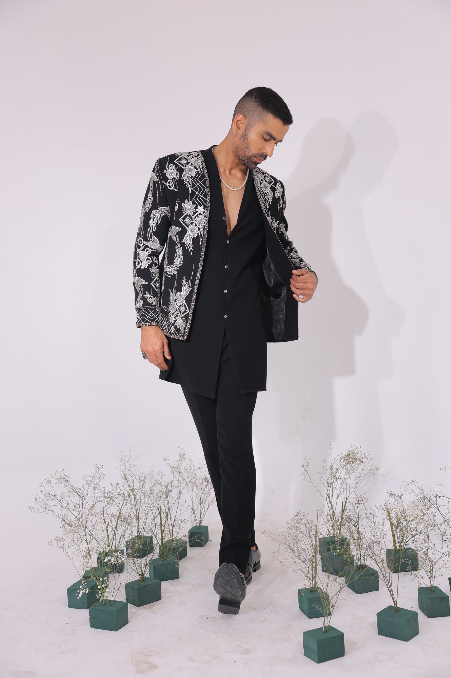Midnight Imperial Embroidered Open-Front Jacket set