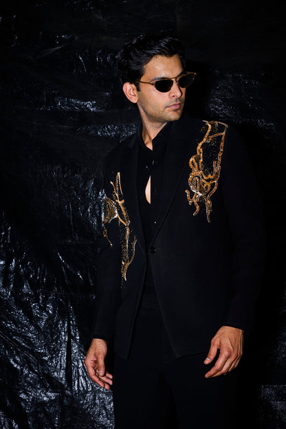 Black Gold Sculptural Hand-Embroidered Tuxedo