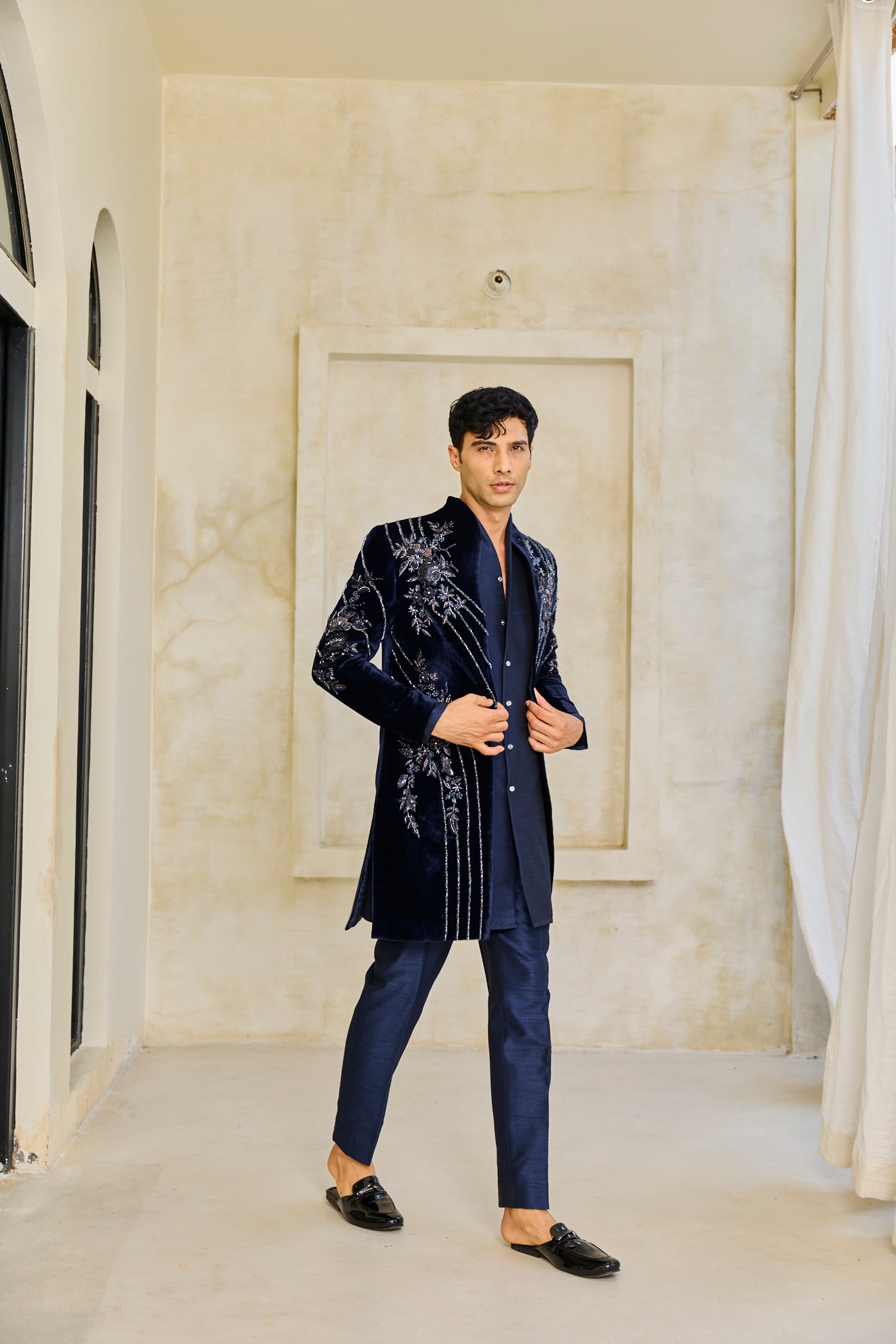 The Midnight Sapphire Embroidered Indowestern