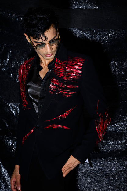 Crimson Hand-Painted & Embroidered Tuxedo Set