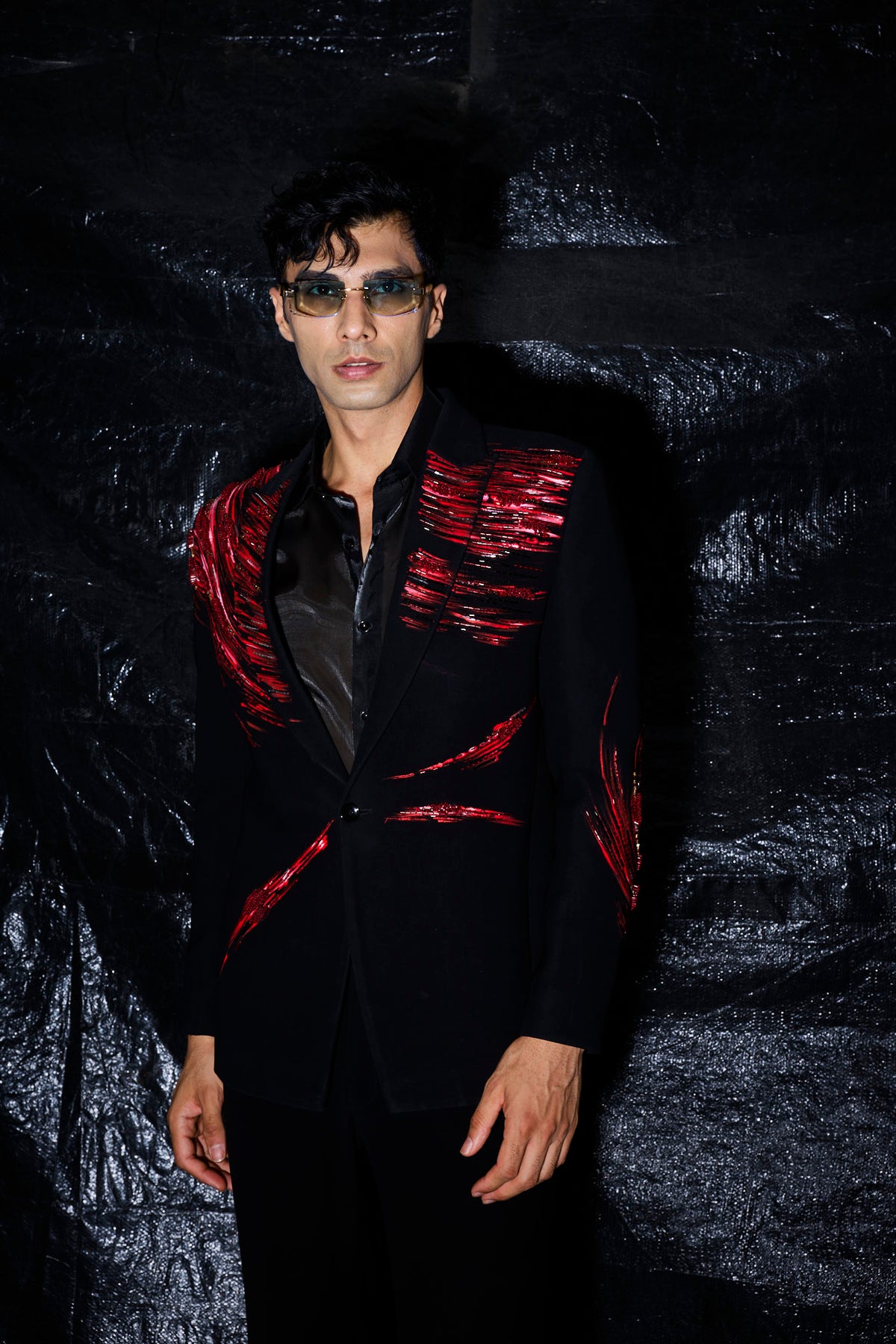 Crimson Hand-Painted & Embroidered Tuxedo Set