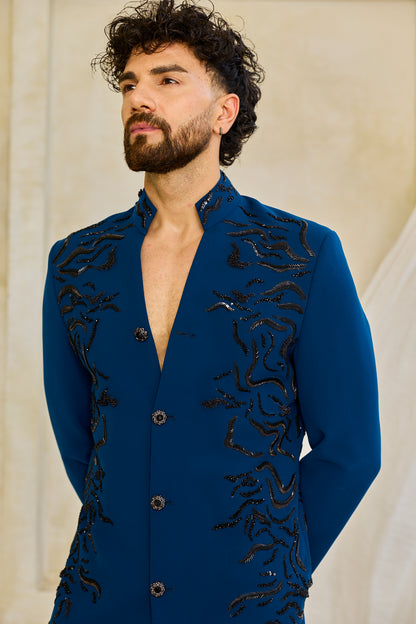 The Cobalt Bloom Embroidered Indowestern set