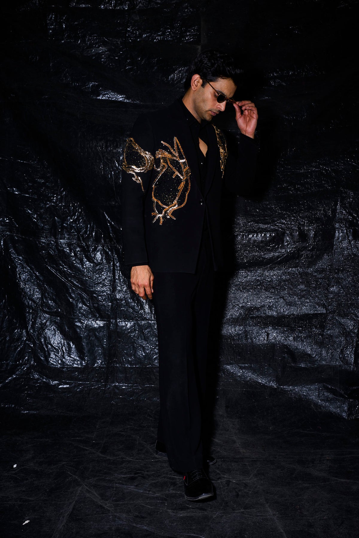 Black Gold Sculptural Hand-Embroidered Tuxedo