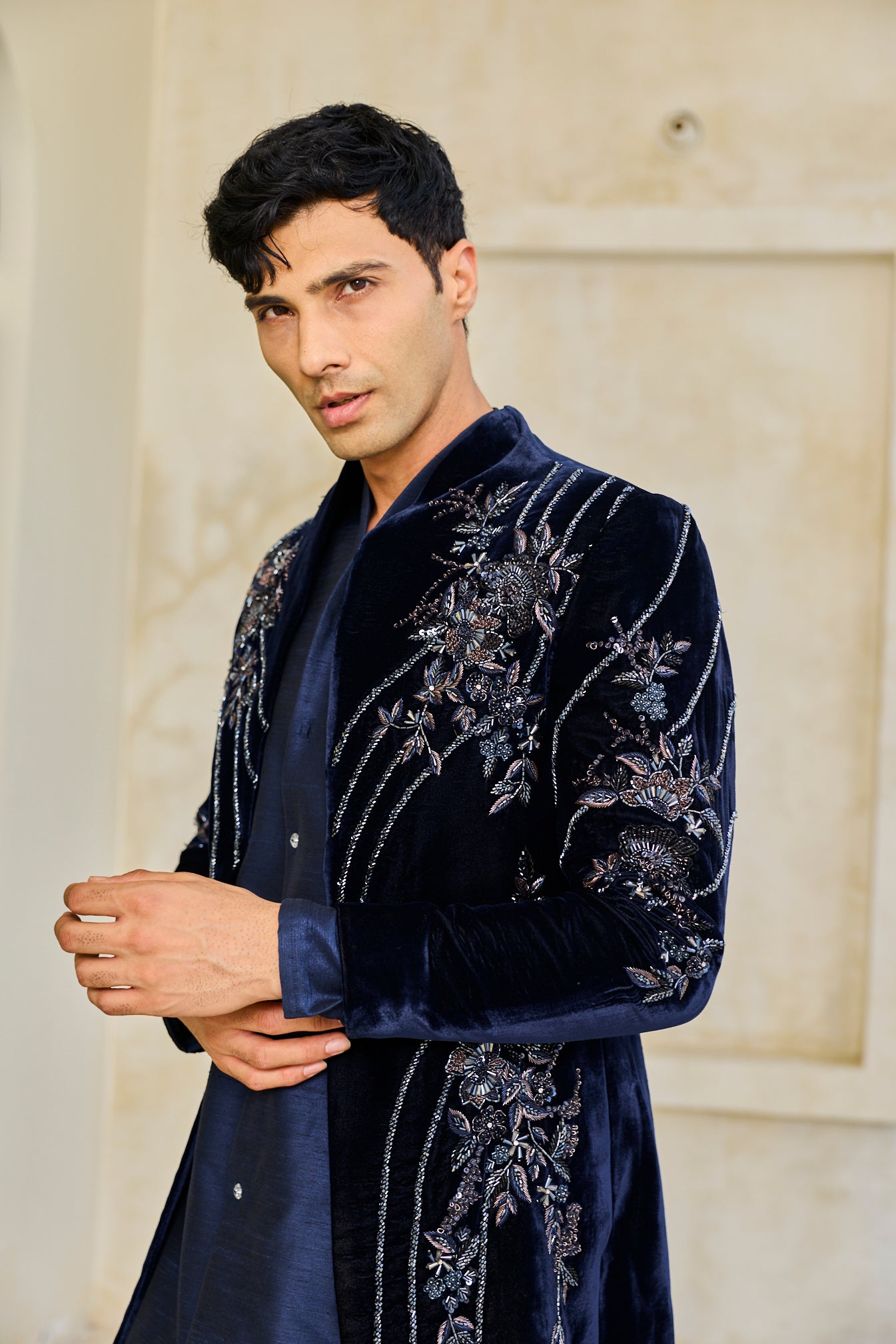 The Midnight Sapphire Embroidered Indowestern