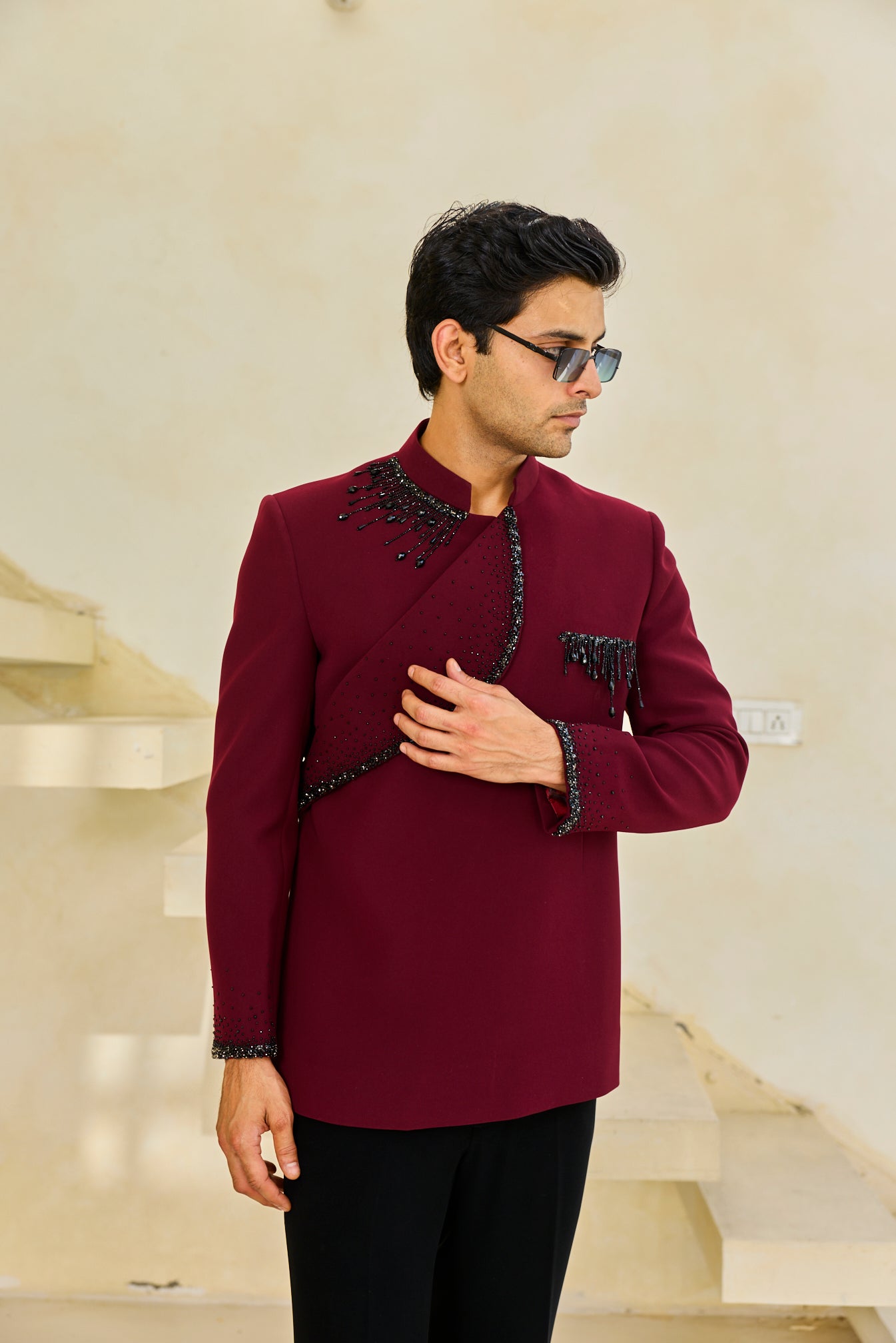 Maroon Onyx Embroidered Bandgala Ensemble