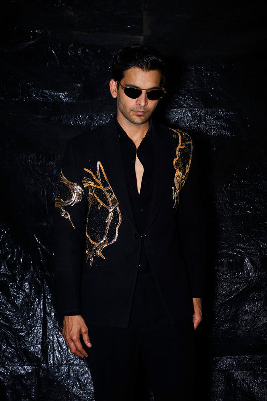 Black Gold Sculptural Hand-Embroidered Tuxedo