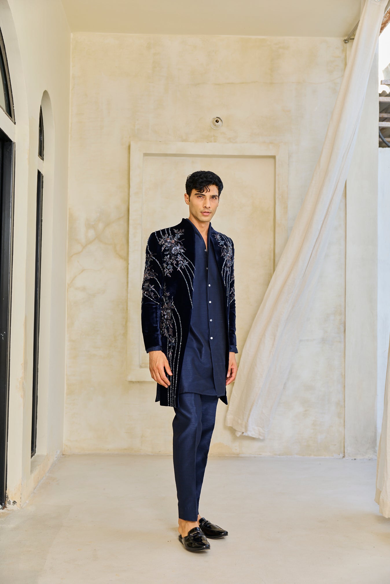 The Midnight Sapphire Embroidered Indowestern
