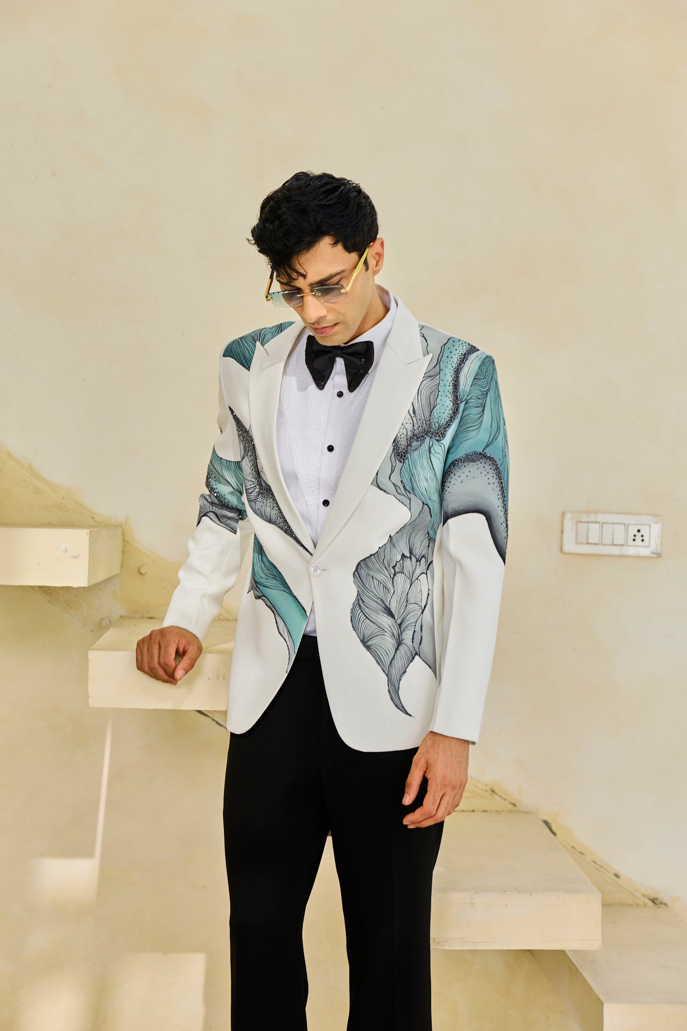 White Aqua Handpainted Tuxedo Set