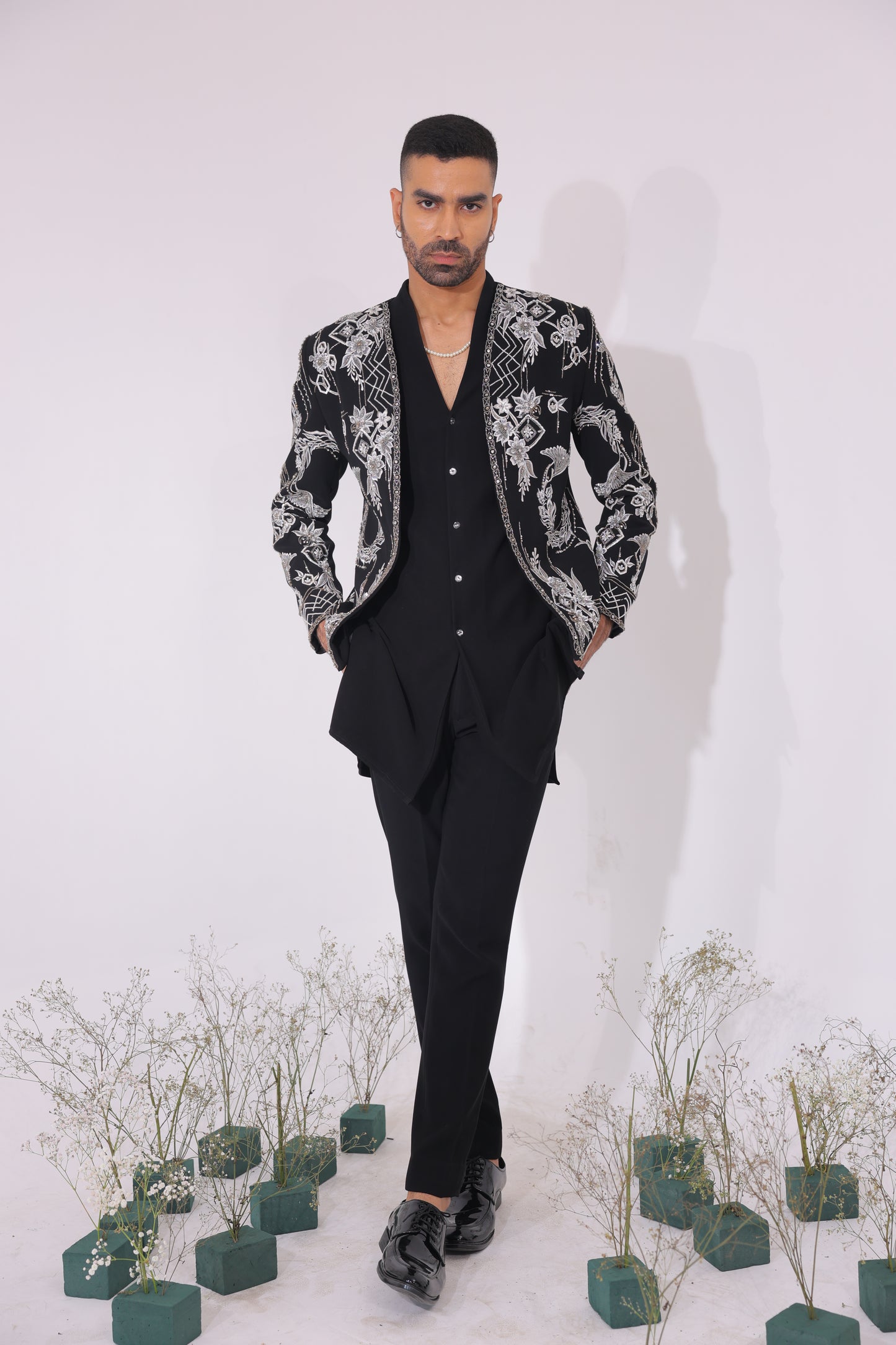 Midnight Imperial Embroidered Open-Front Jacket set