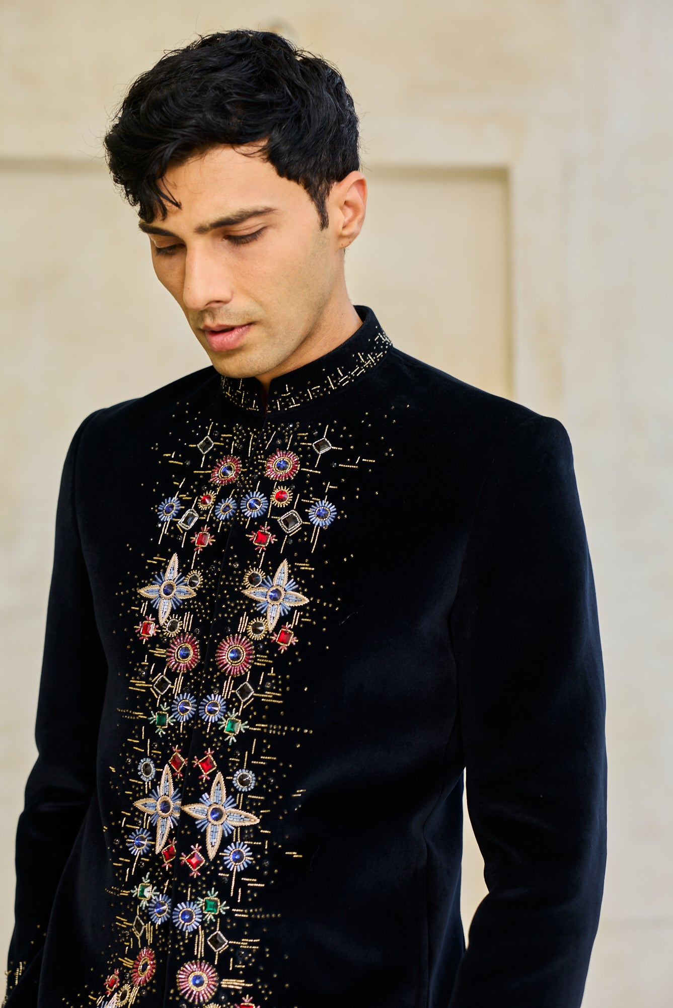 Obsidian Floral Crest Bandgala Ensemble