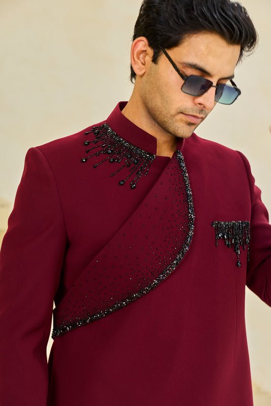 Maroon Onyx Embroidered Bandgala Ensemble