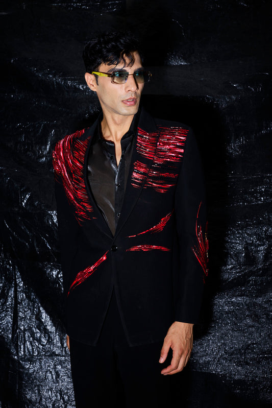 Crimson Hand-Painted & Embroidered Tuxedo Set